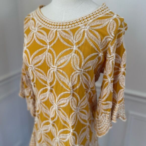 Solitaire Mustard Yellow Embroidered Tunic Southwestern Prairie Top S M - Picture 2 of 8